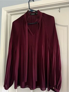 Ralph Lauren Burgundy Pleated Blouse with Tie Neck